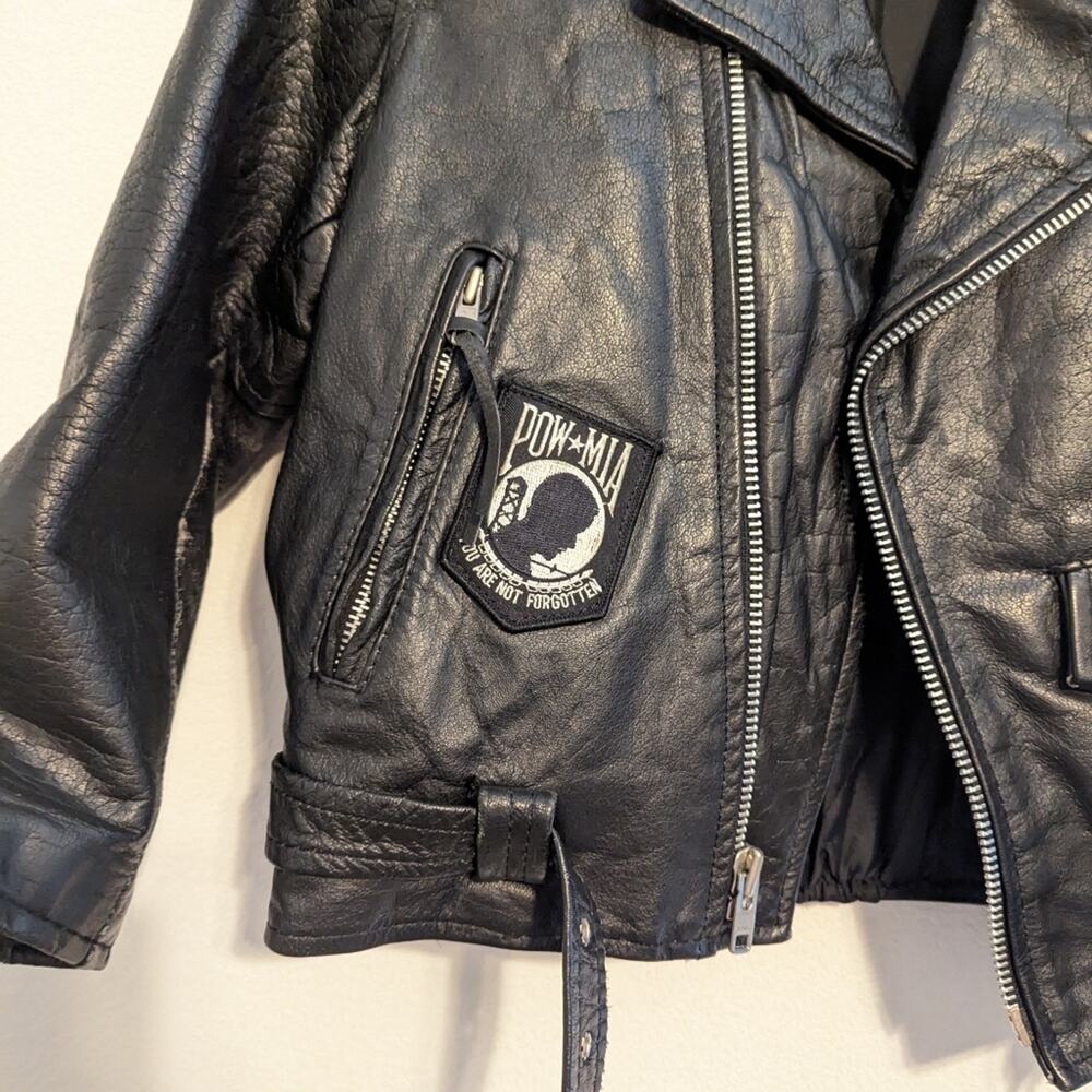 Leather King Black Cropped Patched Leather Moto Biker Jacket Size XXXL - Picture 4 of 8